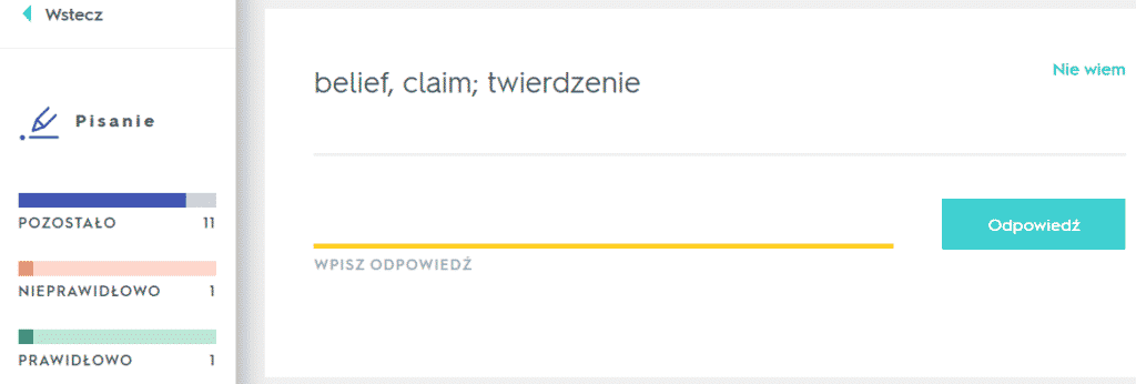 Quizlet – ćwiczenie pisania słówek, zrzut ekranu